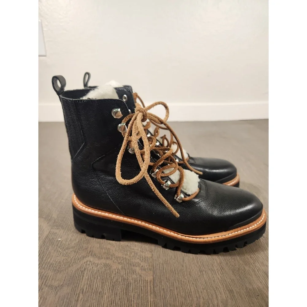 New Marc Fisher LTD Mlizzie Lizzie Ankle Shearling Combat Boots Black 6 Shoes